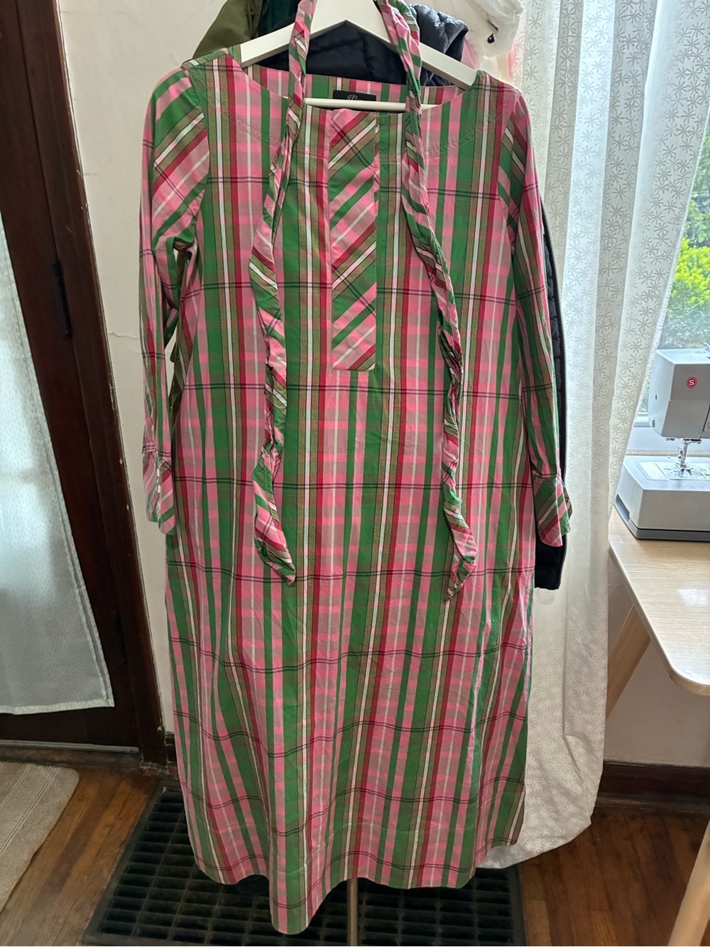 J. Crew Pink and Green Plaid Caftan Dress with Wrap Tie